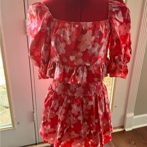 Buddy Love size M ladies Floral Red and Pink Puff Sleeve 2 piece mini skirt&top